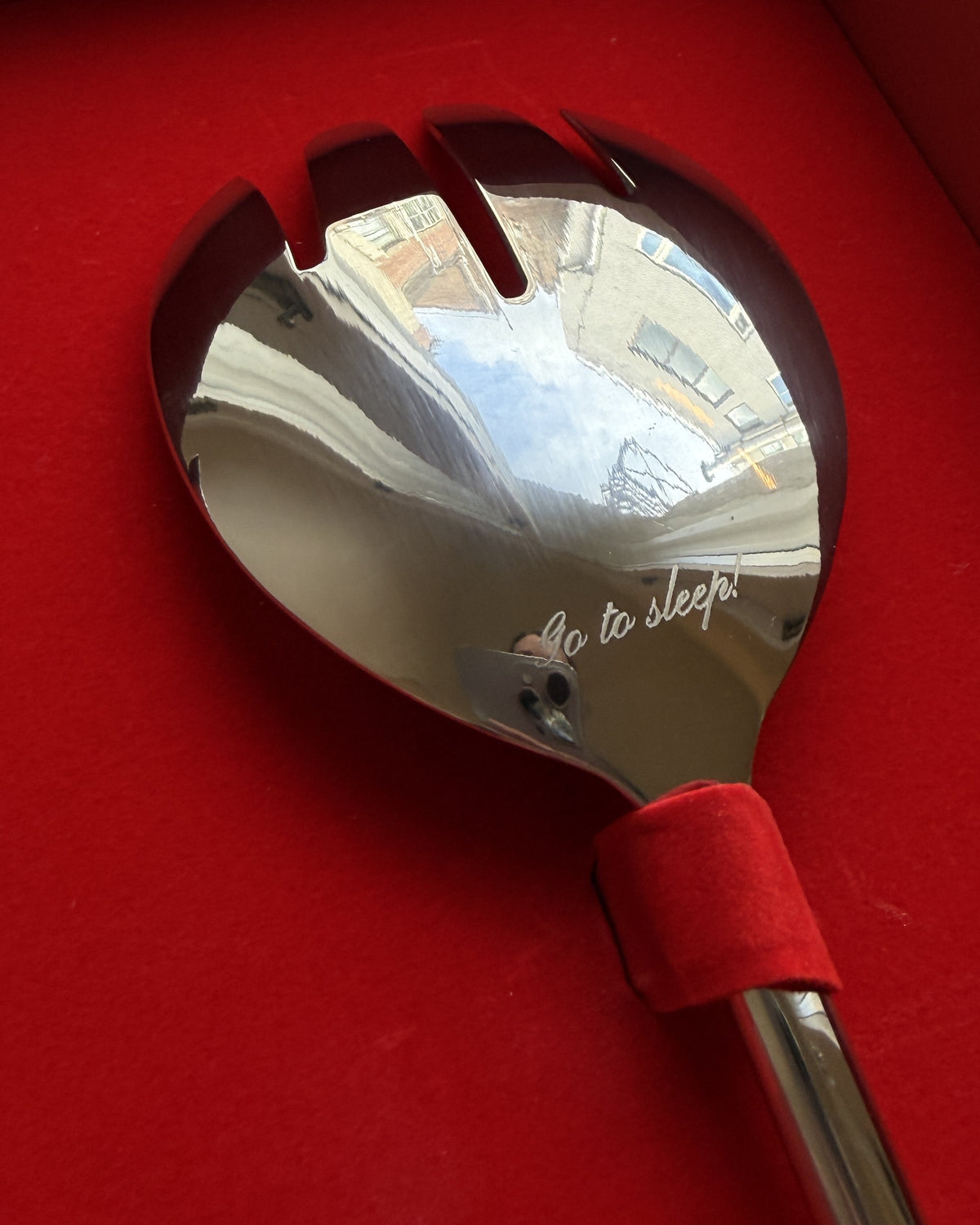 Engraved serving spoon in the red keepsake box - lazy jamie