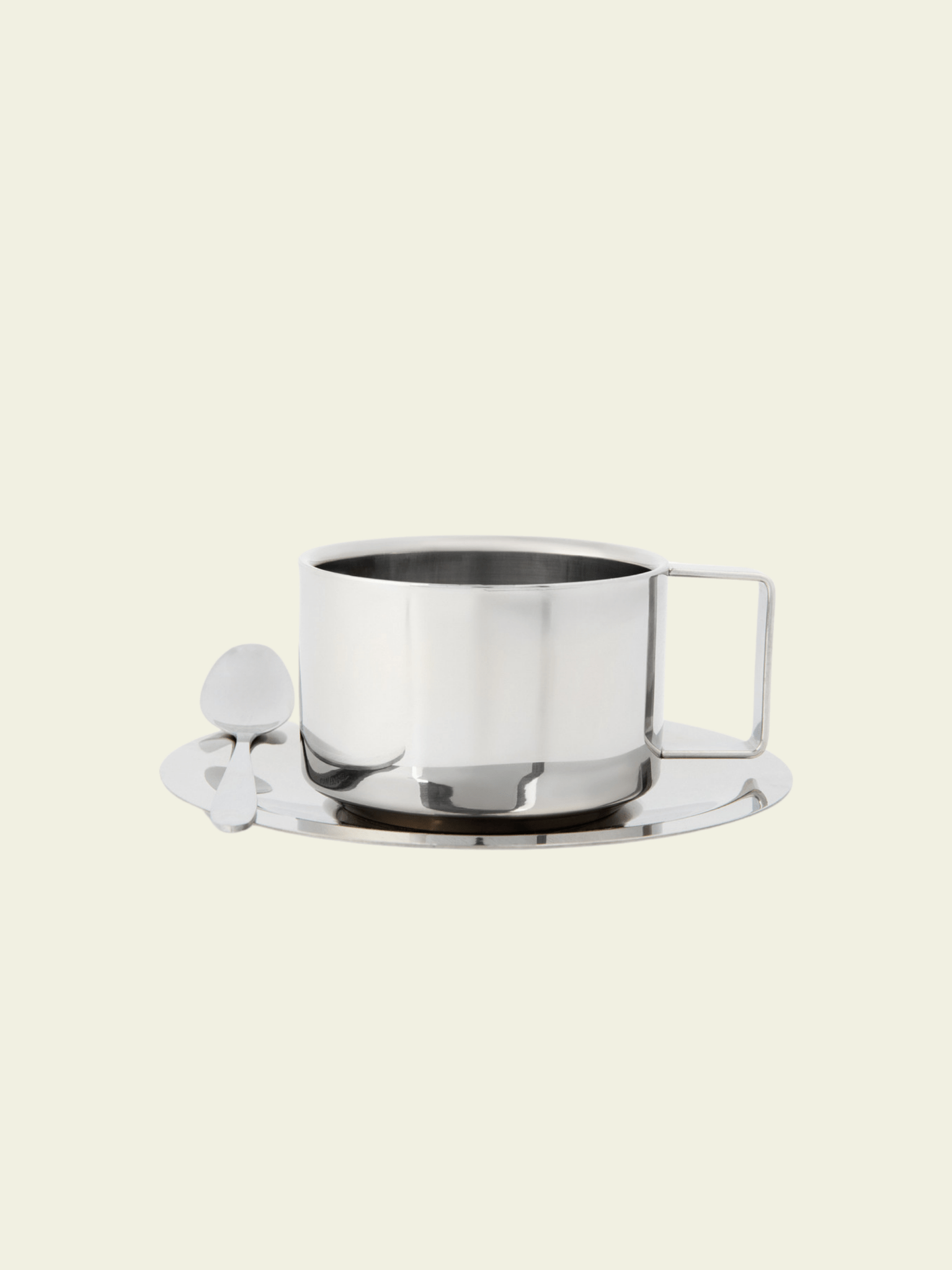 stainless steel espresso cup, saucer, and spoon